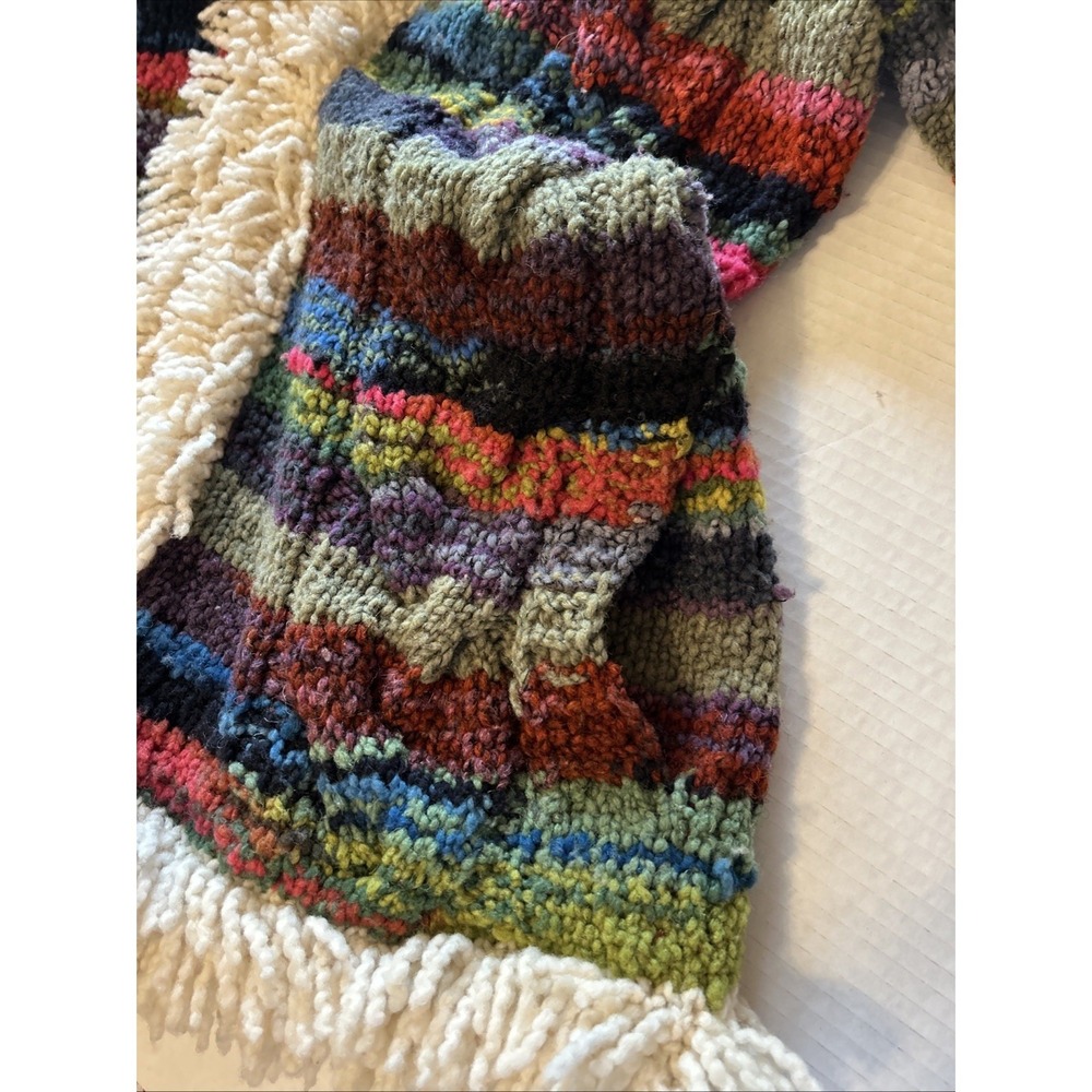Hand Knitted Hooded Sweater Colorful Fringed Pockets Artist Made Heavy Knit - Picture 6 of 8